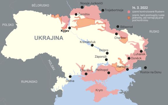 Mapa Ukrajiny s vyznačeným územím, které okupuje Rusko.
