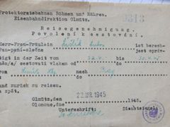 Povolení k cestování - z Olomouce do Prahy od 22.4. 1945 do 30.4. 1945.
