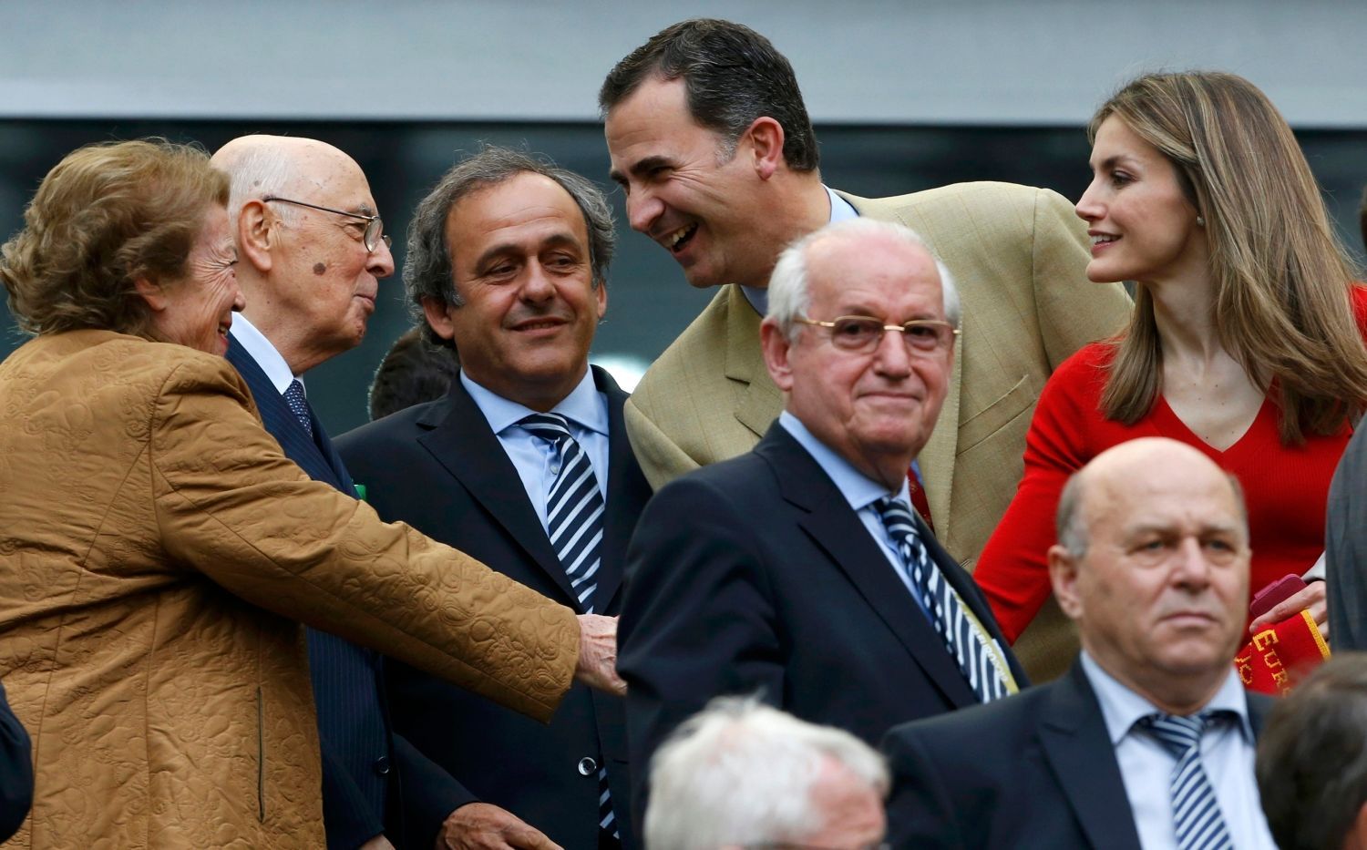 Clio Maria Bittoni, Giorgio Napolitano, Michel Platini, princezna Letizia a princ Felipe po utkání základní skupiny mezi Španělskem a Itálií na Euru 2012