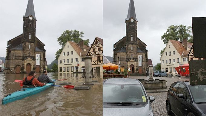 Saský Wehlen při povodni a po ní.