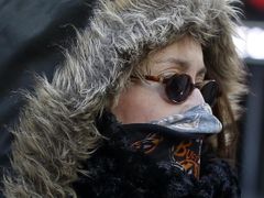A woman, who is bundled up from the cold, stands along 7th avenue in New York January 23, 2013. An Arctic blast gripped the U.S. Midwest and Northeast on Tuesday, with at least three deaths linked to the frigid weather, and fierce winds made some locations feel as cold as 50 degrees below zero Fahrenheit. (minus 46 degrees Celsius). REUTERS/Shannon Stapleton (UNITED STATES - Tags: ENVIRONMENT SOCIETY) Published: Led. 23, 2013, 3:24 odp.