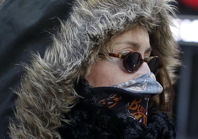 A woman, who is bundled up from the cold, stands along 7th avenue in New York January 23, 2013. An Arctic blast gripped the U.S. Midwest and Northeast on Tuesday, with at least three deaths linked to the frigid weather, and fierce winds made some locations feel as cold as 50 degrees below zero Fahrenheit. (minus 46 degrees Celsius). REUTERS/Shannon Stapleton (UNITED STATES - Tags: ENVIRONMENT SOCIETY) Published: Led. 23, 2013, 3:24 odp.