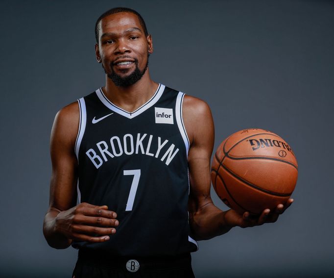 Sep 27, 2019; Brooklyn, NY, USA;  Brooklyn Nets forward Kevin Durant (7) poses for a portrait during media day at HSS Training Center. Mandatory Credit: Nicole Sweet-USA