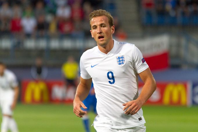 Kanonýr Harry Kane v dresu anglické reprezentace na ME U21 v Olomouci 2015.