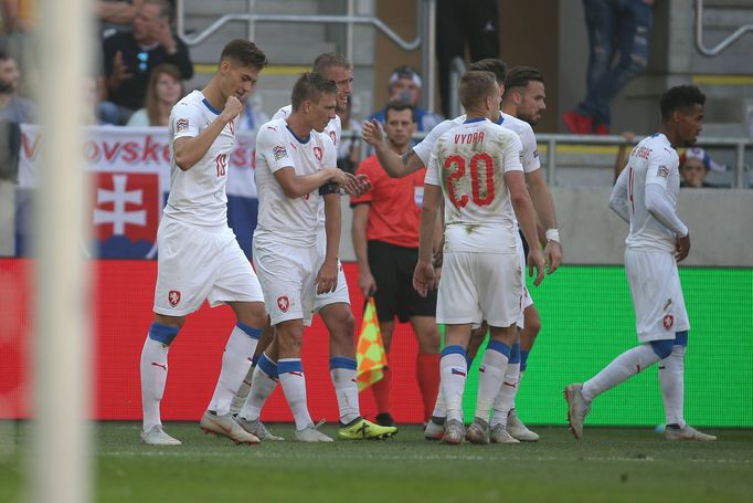 fotbal, Liga národů 2018/2019, Slovensko - Česko, radost po vítězném gólu Patrika Schicka