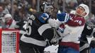 Oct 7, 2025; Los Angeles, California, USA;  Los Angeles Kings goaltender Darcy Kuemper (35) and Colorado Avalanche center Martin Necas (88) battle in front of the net dur