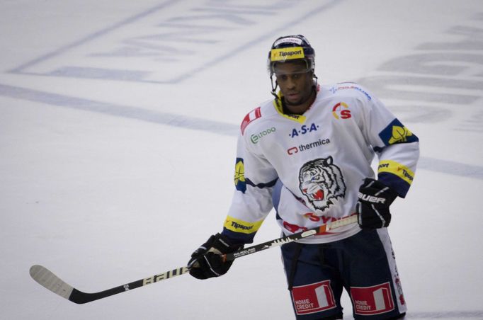 Hokejista Liberce Wayne Simmonds v utkání se Zlínem v 19. kole Tipsport extraligy 2012/13.