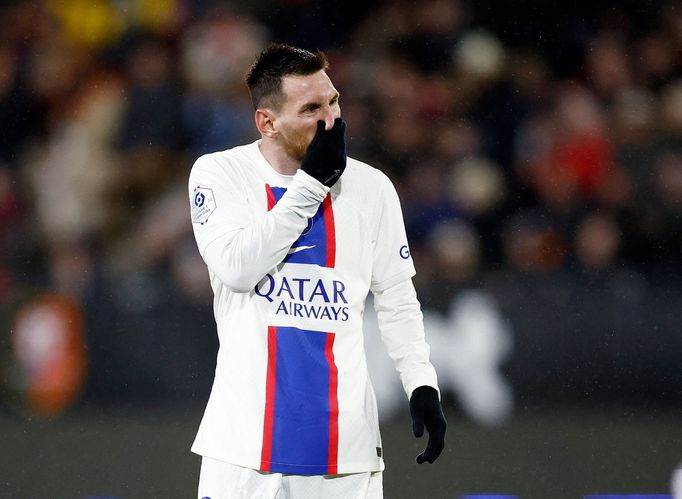 Soccer Football - Ligue 1 - Stade Rennes v Paris St Germain - Roazhon Park, Rennes, France - January 15, 2023  Paris St Germain's Lionel Messi reacts REUTERS/Stephane Mah