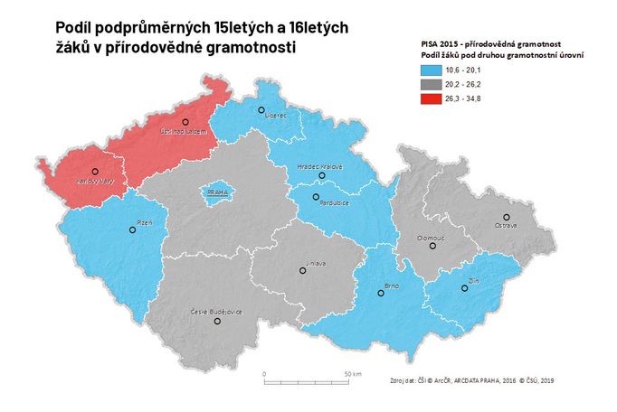 Podíl podprůměrných 15letých a 16letých žáků v přírodovědné gramotnosti