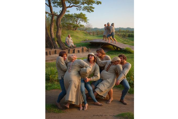 Umělecká fikce - rekonstrukce díla Hendrika Hondia z roku 1642, vytvořená formou rytiny podle ztracené kresby Pietera Brueghela staršího. Ilustrační obrázek vytvořený AI.