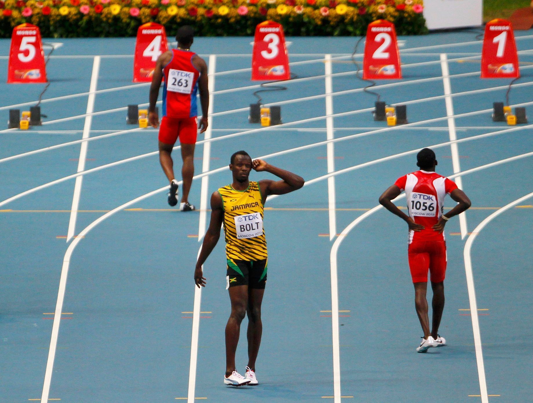 MS v atletice 2013, 100 m - rozběh: Kemar Hyman, Usain Bolt a Rondel Sorrillo