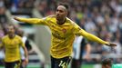Útočník Arsenalu Pierre-Emerick Aubameyang slaví gól, kterým rozhodl o vítězství v Newcastlu
