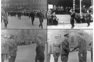 Přehlídka československého zahraničního vojska na Václavském náměstí v Praze, 15. června 1945, vedená generálem Karlem Janouškem za přítomnosti prezidenta Beneše.