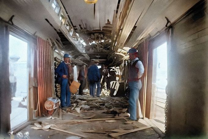 Úředníci zkoumají škody na vagonu vlaku Overland Flyer způsobené výbuchem, který umožnil lupičům utéct s 30 000 dolary ve Wyomingu v roce 1899. Kolorovaný snímek