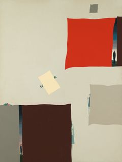 Viktor Pivovarov: Kompozice s červeným čtvercem, 1974, email, sololit, 170 × 130 cm.
