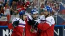 Ondrej Nemec of the Czech Republic celebrates his goal against Austria with team mates Dominik Simon (L) and Jan Hejda (R) during their Ice Hockey World Championship game