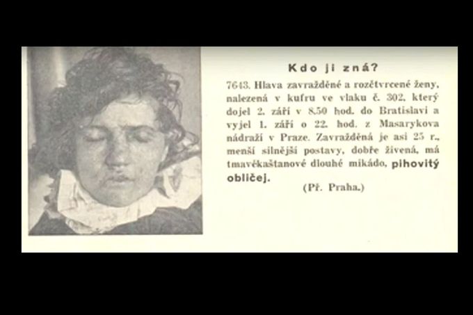 Výřez z dobového tisku, kde bylo uveřejněno pátrání po identitě ostatků zavražděné ženy. 30. léta 20. století.