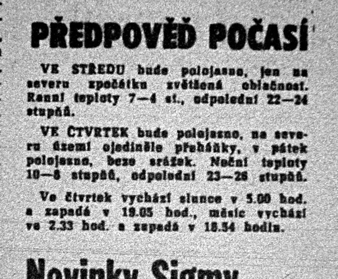 Rudé právo otisklo v řádném čísle tuto předpověď počasí na středu 21. srpna 1968 a další dny.