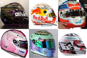 Helmy pilotů formule 1 hrají všemi barvami. Hamilton má už sedm hvězd