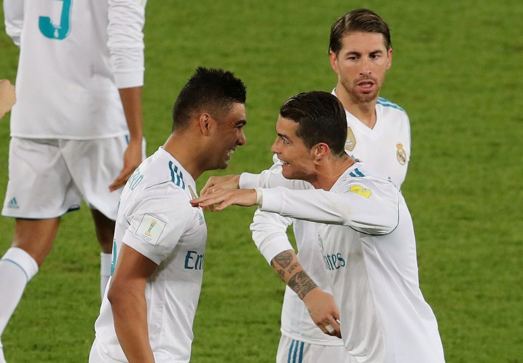 Casemiro, Sergio Ramos a Ronaldo se radují z branky Realu