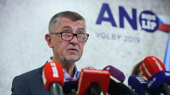Andrej Babiš. Záběr z volebního štábu Hnutí ANO. Praha, 26. 5. 2019.