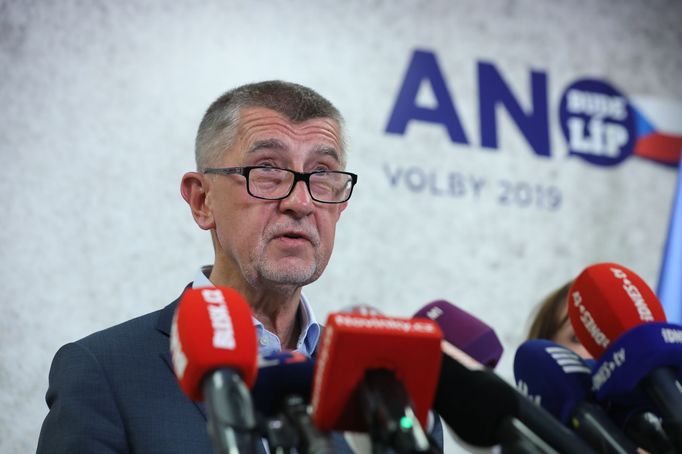 Andrej Babiš. Záběr z volebního štábu Hnutí ANO. Praha, 26. 5. 2019.