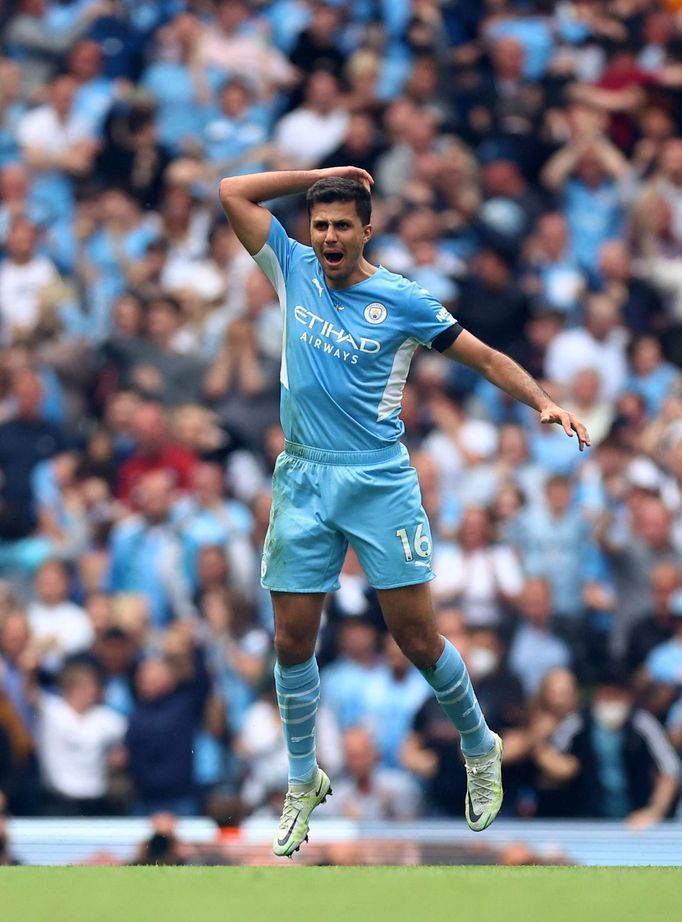 Soccer Football - Premier League - Manchester City v Aston Villa - Etihad Stadium, Manchester, Britain - May 22, 2022 Manchester City's Rodri celebrates scoring their sec