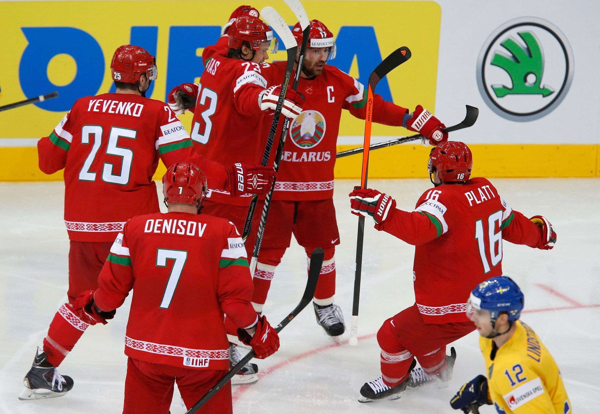 Platt of Belarus celebrates scoring against Sweden in men's ice hockey World Championship quarter-final game in Minsk