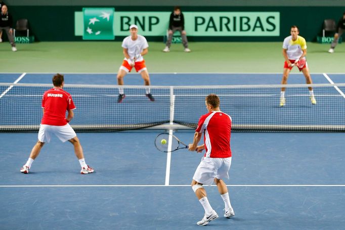 Davis Cup, Švýcarsko - Česko: Stanislas Wawrinka, Marco Chiudinelli (druhý zprava) - Toáš Berdych (druhý zleva), Lukáš Rosol