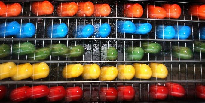 Peak season at egg dye-works Dyed eggs roll on a conveyor belt in the Behan egg dye-works in Thannhausen, Germany, 30 March 2012. Its peak season at the dyeworks shortly before Easter. Around 180,000 eggs are boiled and dyed here daily. Photo: Karl-Josef Hildenbrand