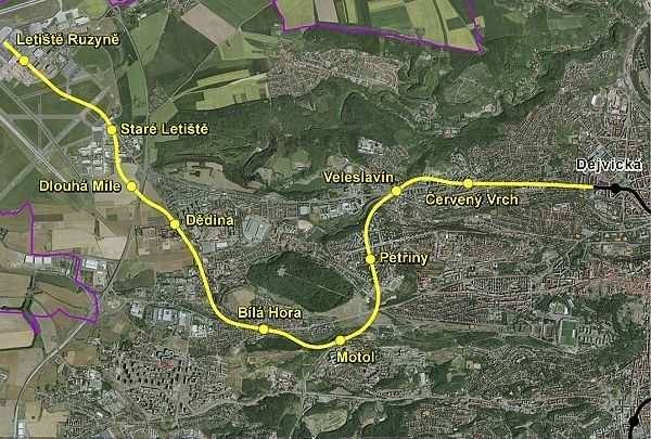 Schéma nové trasy metra do Ruzyně