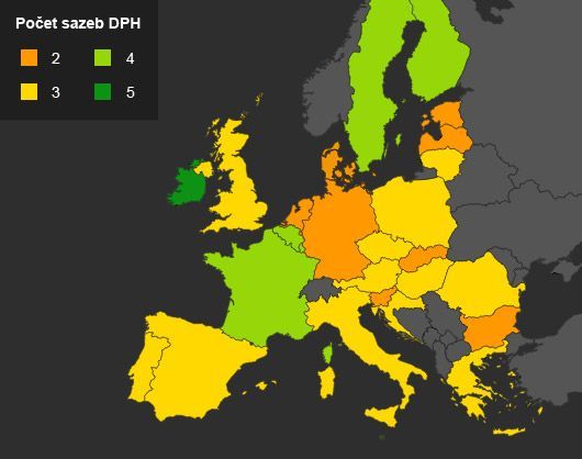 Mapa - sazby DPH v Evropě