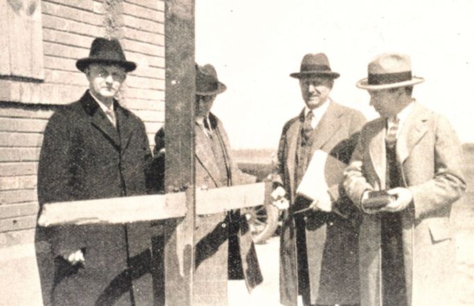 Engineering committee examining a 1X5 inch board which was driven through a 2X6 plank. Somewhere along the path of the Tri-State Tornado, the longest-lived and longest path of any recorded tornado. It traveled over 300 miles from SE Missouri to Indiana and killed over 600. In: Journal of the Western Society of Engineers, Vol. 30, No. 9. September, 1925. Southern Illinois. March 18, 1925.