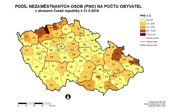 Podíl nezaměstnaných osob na počtu obyvatel v okresech ČR k 31. 5. 2016.