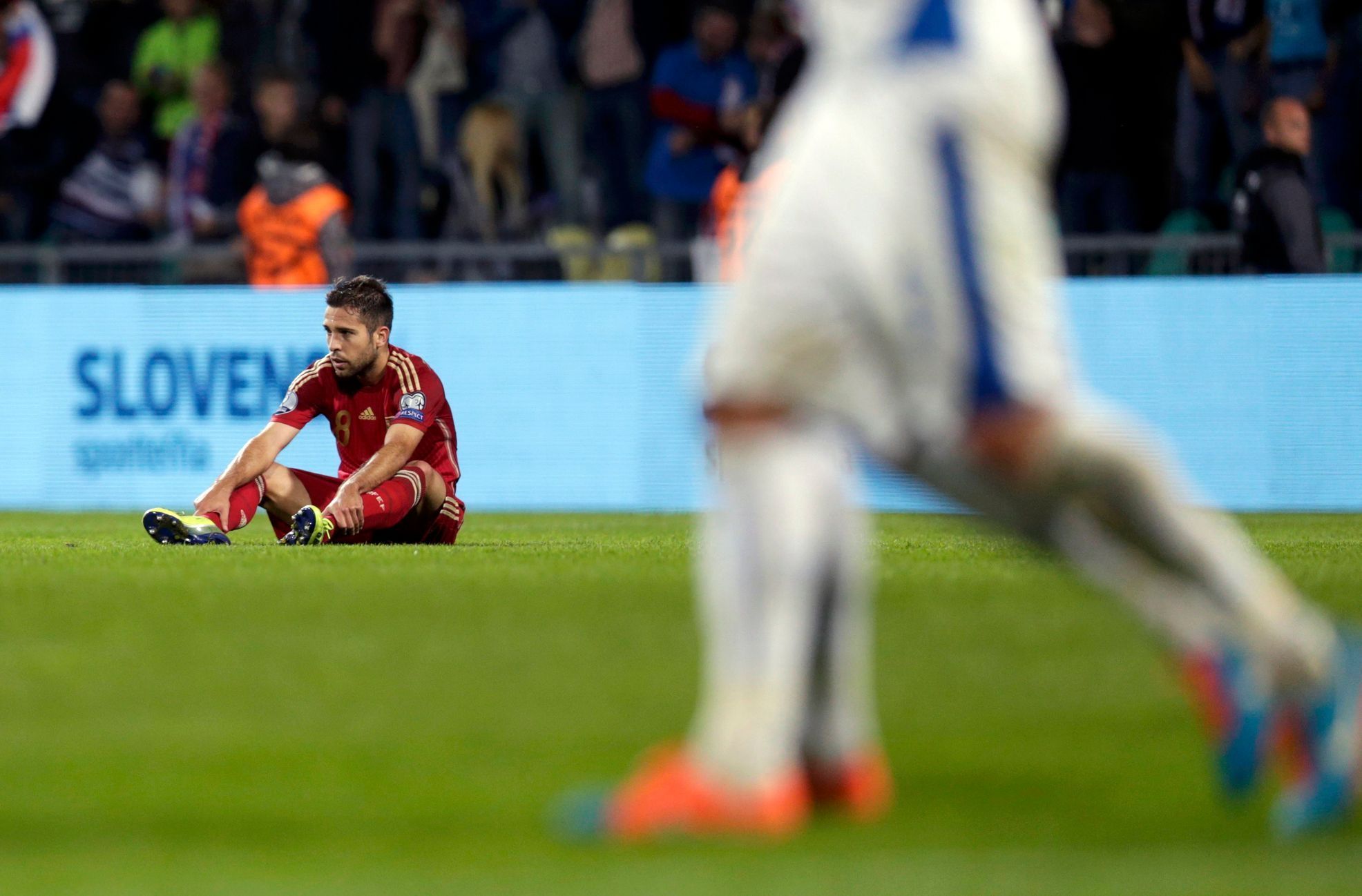 Koke of Spain reacts after their Euro 2016 qualification soccer match against Slovakia at the MSK stadium in Zilina