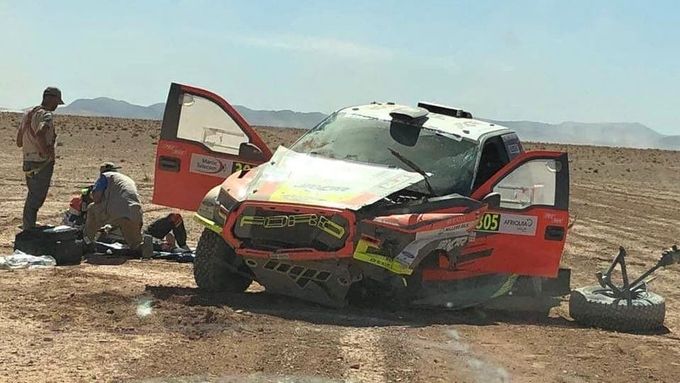 Havarovaný Ford Martina Prokopa na Marocké rallye 2019