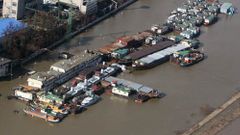 Kotvící lodě a remorkéry v bezpečí přístavu v Děčíně