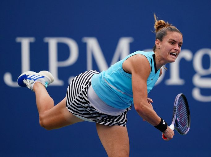 Aug 28, 2023; Flushing, NY, USA;   Maria Sakkari of Greece in action against Rebeka Masarova of Spain on day one of the 2023 U.S. Open tennis tournament at the USTA Billi