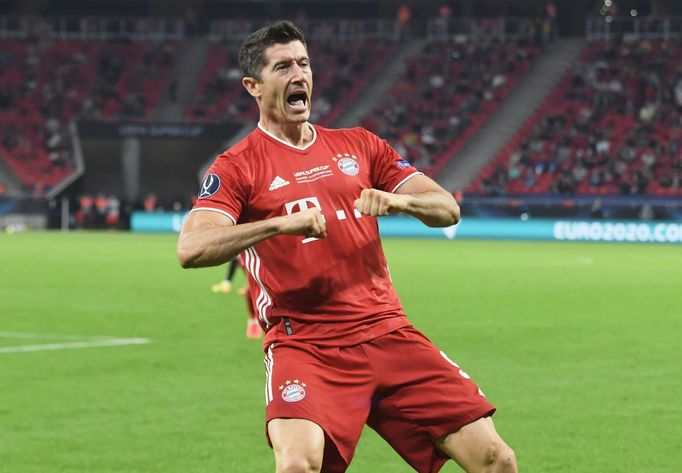 Soccer Football - European Super Cup - Bayern Munich v Sevilla - Puskas Arena, Budapest, Hungary - September 24, 2020. Bayern Munich's Robert Lewandowski celebrates scori