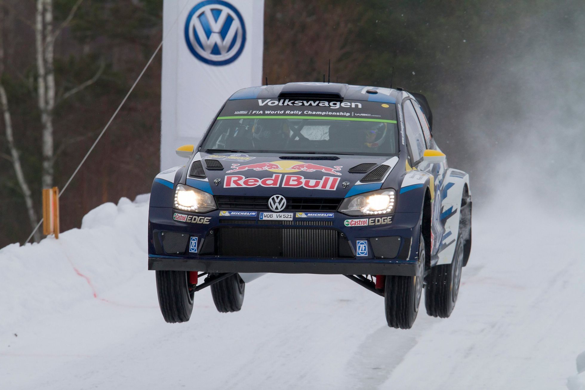 Andreas Mikkelsen and Ola Floene of Norway drive their VW Polo WRC on SS5 during the Rally Sweden second round of the FIA World Rally Championship in Kirkenaer