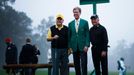 Golf - The Masters - Augusta National Golf Club - Augusta, Georgia, U.S. - November 12, 2020 Honorary starters Jack Nicklaus and Gary Player with chairman of Augusta Nati