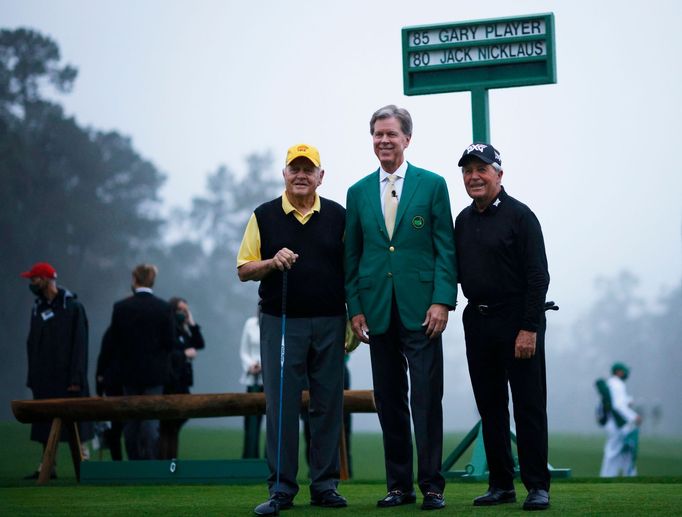 Golf - The Masters - Augusta National Golf Club - Augusta, Georgia, U.S. - November 12, 2020 Honorary starters Jack Nicklaus and Gary Player with chairman of Augusta Nati