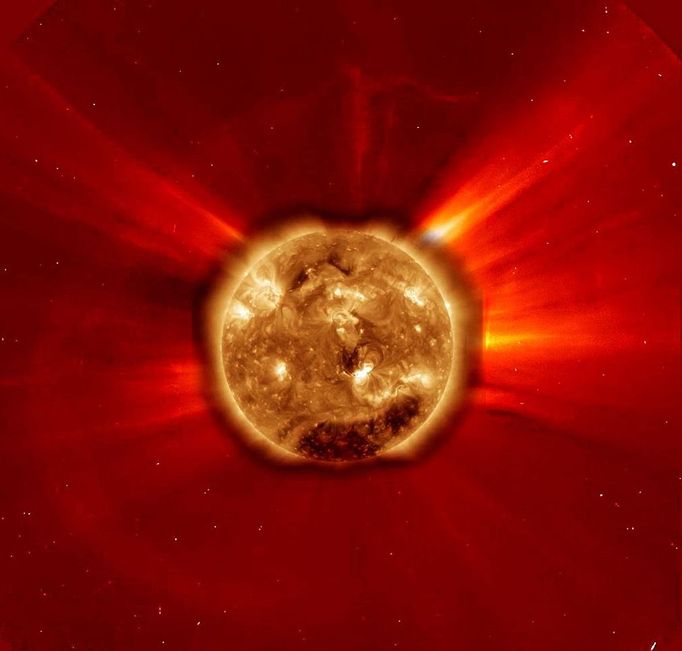 Valentines Day Flare 2011 The still image of the large X2 flare seen by Solar Dynamics Observatory (SDO) in extreme ultraviolet light on February 15, 2011, enlarged and superimposed on an image of SOHO's C2 coronagraph for the same period.