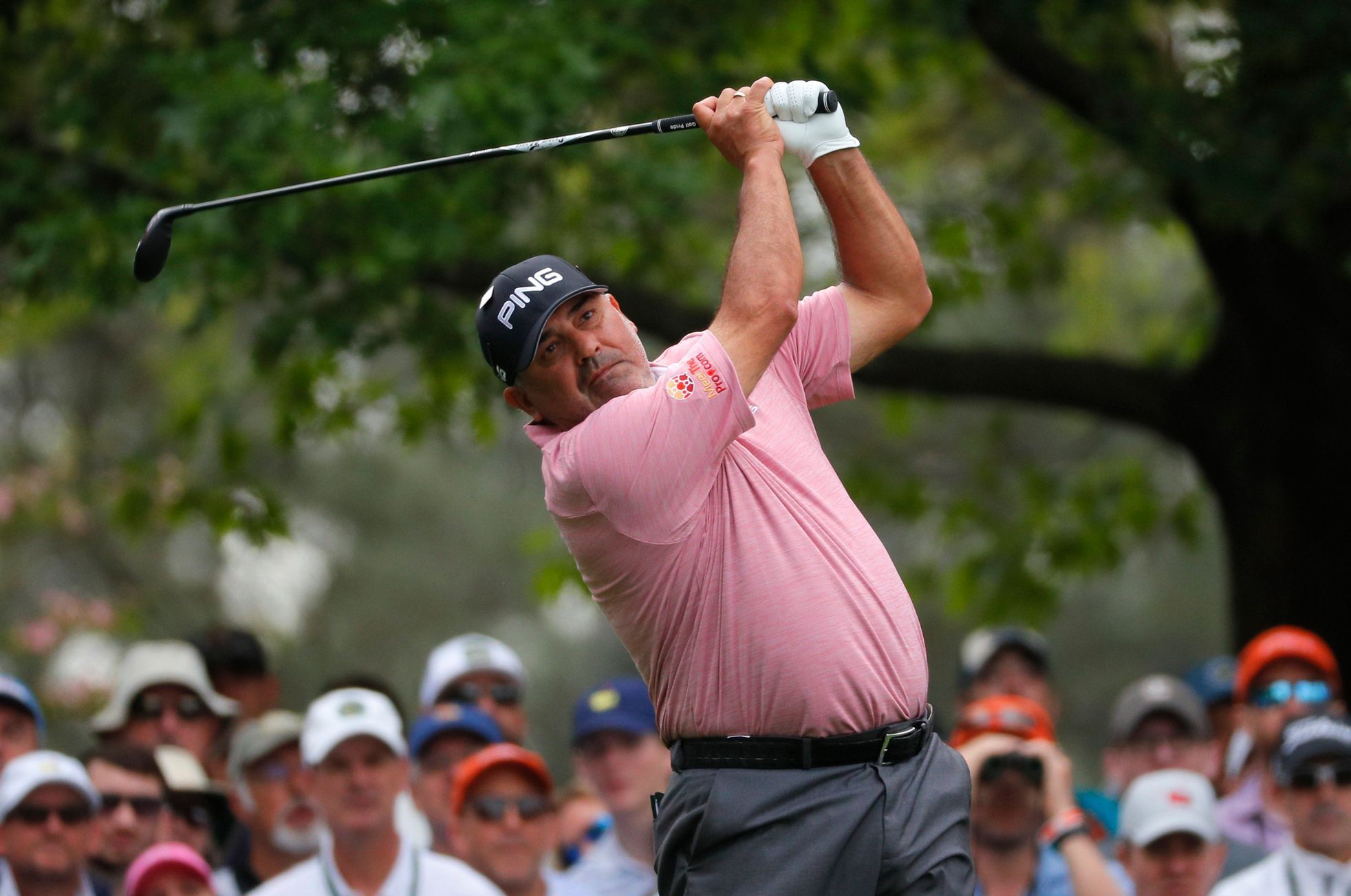 Angel Cabrera of Argentina hits off the 4th tee during first round play of the 2019 Master golf tournament at Augusta National Golf Club in Augusta, Georgia, U.S.