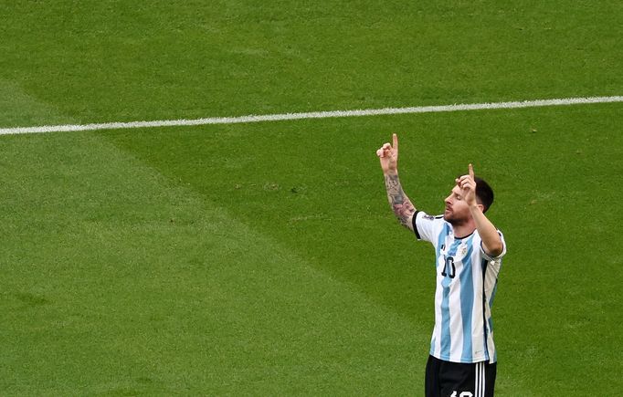 Lionel Messi slaví gól v zápase Argentina - Saúdská Arábie na MS 2022