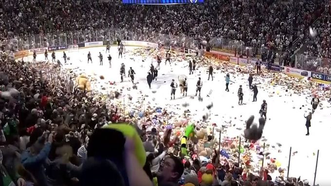 Podívejte se, jak při utkání AHL letěly na led tisíce plyšáků