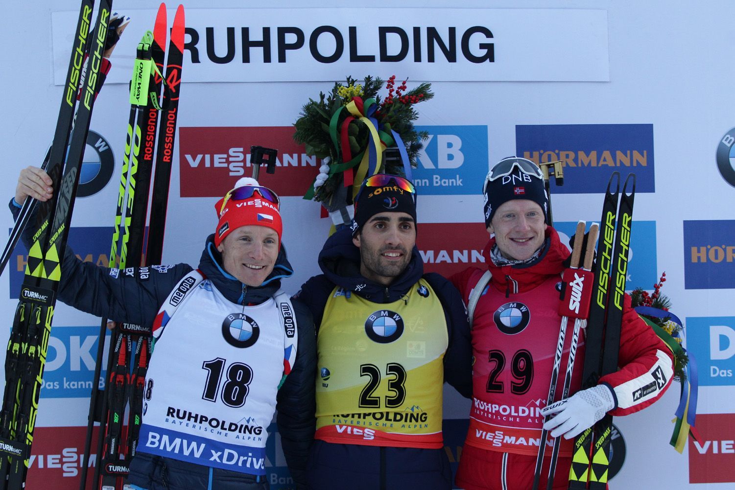 SP Ruhpolding 2018, 20 km M: Ondřej Moravec, Martin Fourcade, a Johannes Thingnes Bö