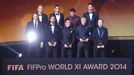 Pictured are back row (L-R) Arjen Robben, Angel Di Maria, Lionel Messi and Cristiano Ronaldo. Front row (L-R) Manuel Neuer, Sergio Ramos, Philipp Lahm, Toni Kroos and And