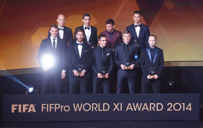 Pictured are back row (L-R) Arjen Robben, Angel Di Maria, Lionel Messi and Cristiano Ronaldo. Front row (L-R) Manuel Neuer, Sergio Ramos, Philipp Lahm, Toni Kroos and And