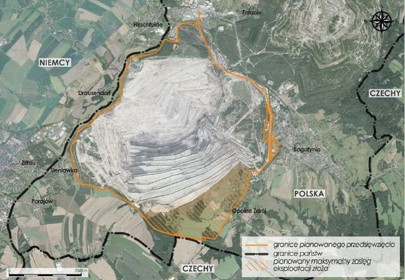 Obrázek z polské analýzy dopadů rozšiřování těžby z roku 2018. Za oběť by mu měly padnout části dvou dalších polských obcí. Stopkou je až hranice.